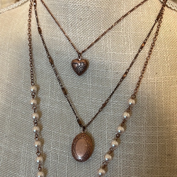 Vintage Rose Gold Multi Strand Locket Pendant Necklace with Pearls /Rose Gold - Picture 4 of 10